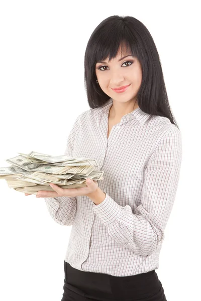 お金の山を持つ若いビジネス女性 — ストック写真