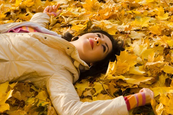 stock image Young pretty woman on the autumn leaf