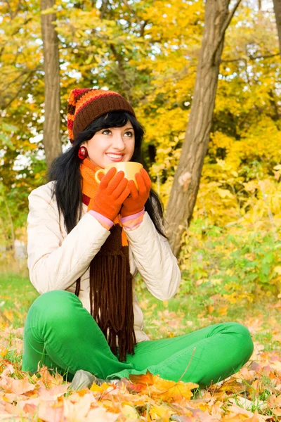 Junge hübsche Frau mit einer Tasse Tee im Herbstpark — Stockfoto