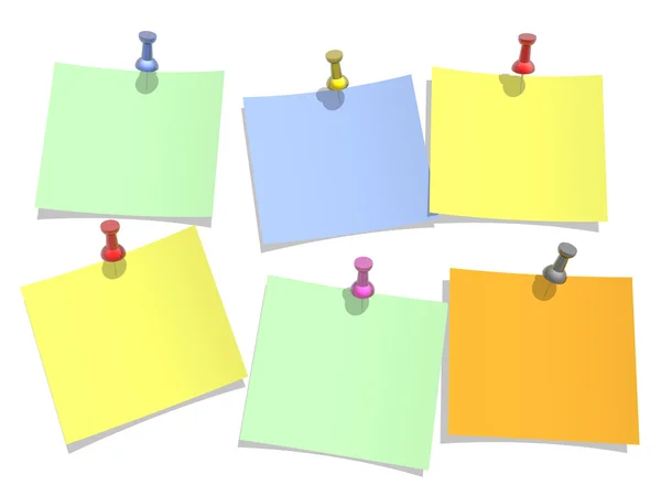 Kleuren papier vastgemaakt aan een witte achtergrond met een punaise — Stockfoto