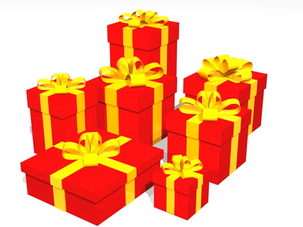 Kırmızı hediyeler 3D siyah bir arka plan üzerinde — Stok fotoğraf