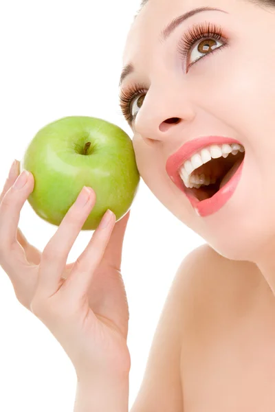 Ładna kobieta z zielonym jabłkiem na białym tle nad białym tle — Zdjęcie stockowe