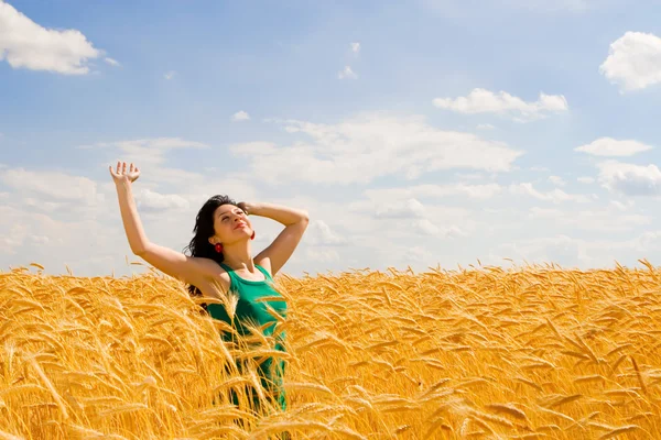 Счастливая женщина в золотой пшенице — стоковое фото