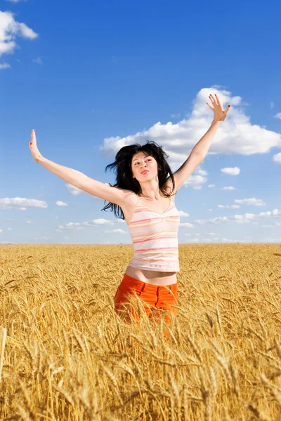 Happy woman jumping in golden wheat — Stock Photo, Image