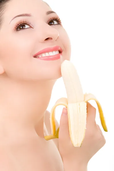 Bella donna con banana isolata sullo sfondo bianco — Foto Stock
