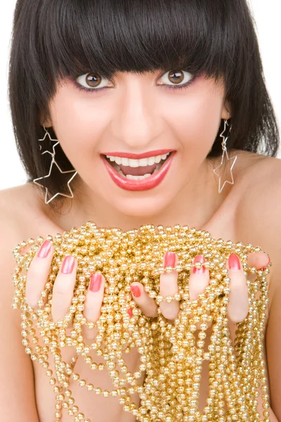 Portrait of expression woman with gold necklace — Stock Photo, Image
