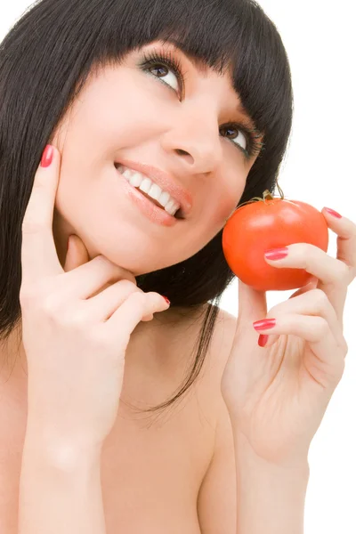 Сладкая женщина с красным помидором — стоковое фото