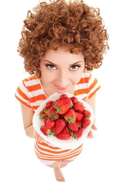 白底草莓的有趣女人 — 图库照片