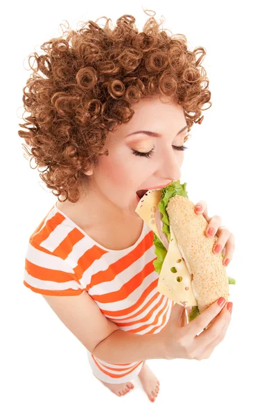 पांढरा पार्श्वभूमीवर सँडविचसह मजा महिला — स्टॉक फोटो, इमेज
