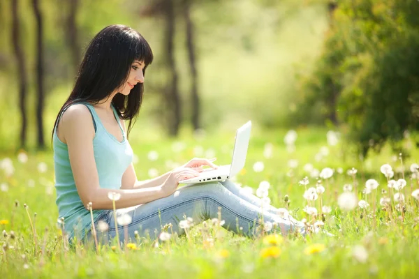 Niedliche Frau mit weißem Laptop im Park mit Löwenzahn — Stockfoto