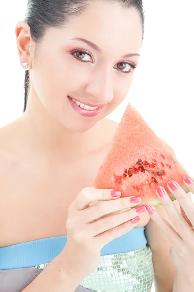 在白色背景上的红色西瓜的可爱女人 — 图库照片