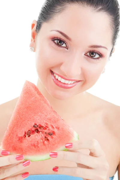 Söt kvinna med röd vattenmelon på den vita bakgrunden — Stockfoto