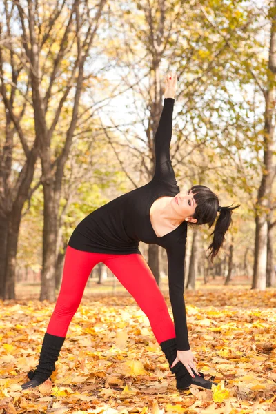 Mujer bonita haciendo ejercicios de yoga en el parque de otoño — Foto de Stock