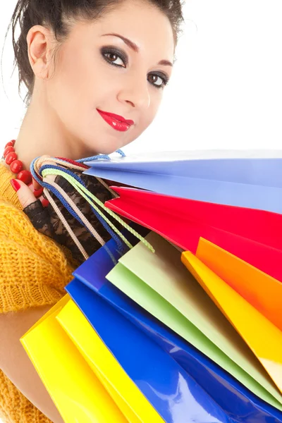 Donna di moda con pacchetti di colori — Foto Stock