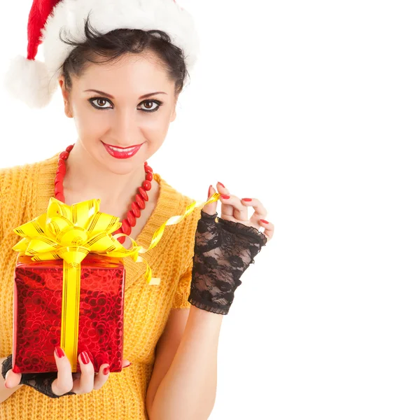 Fun santa woman with christmas gift — Stock Photo, Image