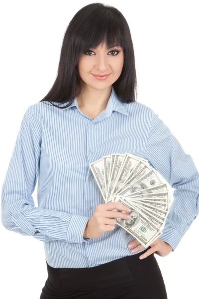 Young business woman with pile of money — Stock Photo, Image