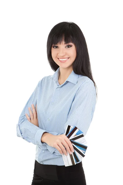 Junge Geschäftsfrau mit Bankkarte, isoliert auf dem weißen Ba — Stockfoto
