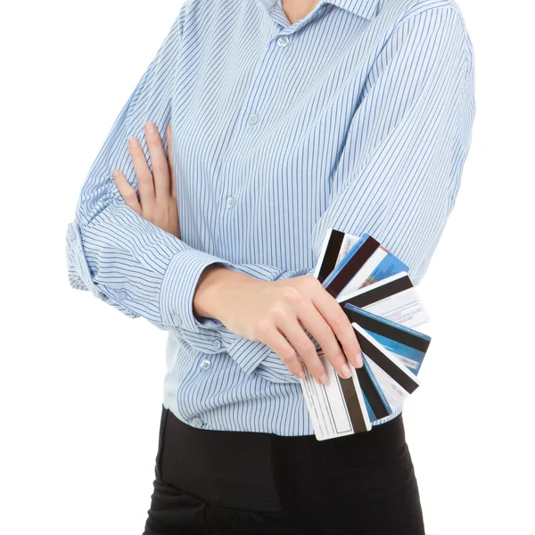 Geschäftsfrau mit Bankkarte, isoliert auf weißem Hintergrund — Stockfoto