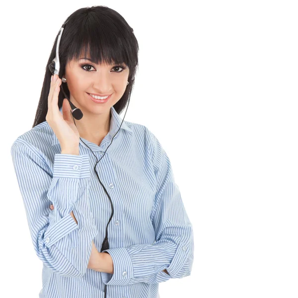 Γυναίκα-υπεύθυνος επιχείρησης σε ακουστικά — Φωτογραφία Αρχείου
