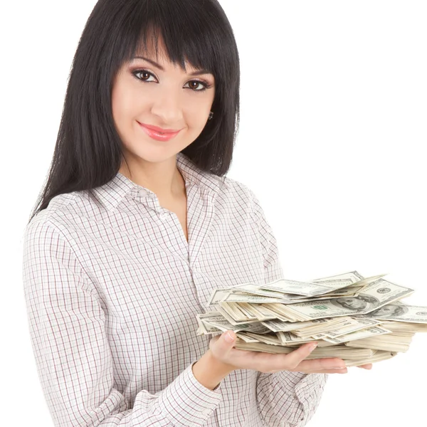 Kobieta młody biznes z kupę pieniędzy — Zdjęcie stockowe
