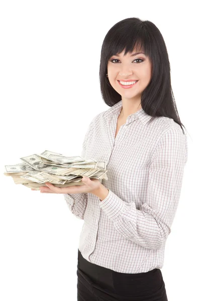 Giovane donna d'affari con mucchio di soldi — Foto Stock
