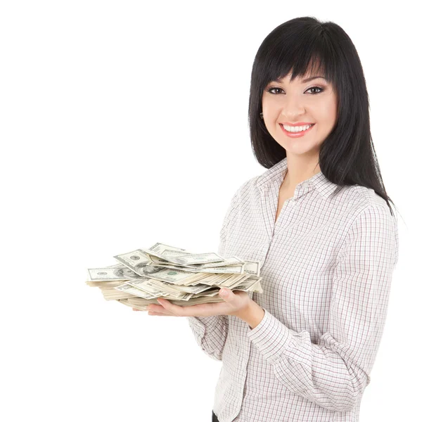 Молодая деловая женщина с кучей денег — стоковое фото