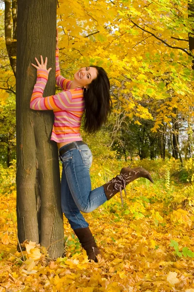 Sonbahar yaprak üzerinde genç güzel kadın — Stok fotoğraf