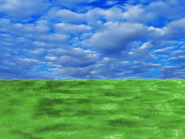 Güneşli gökyüzü mavi zemin üzerine taze yeşil çimen — Stok fotoğraf