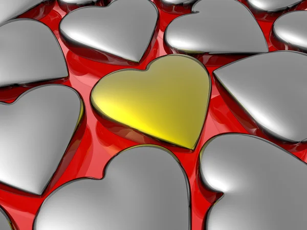 Coração dourado único isolado em fundo vermelho — Fotografia de Stock