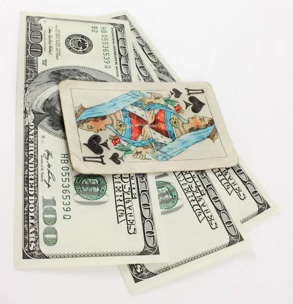 Money dollars and old playing cards — Stock Photo, Image