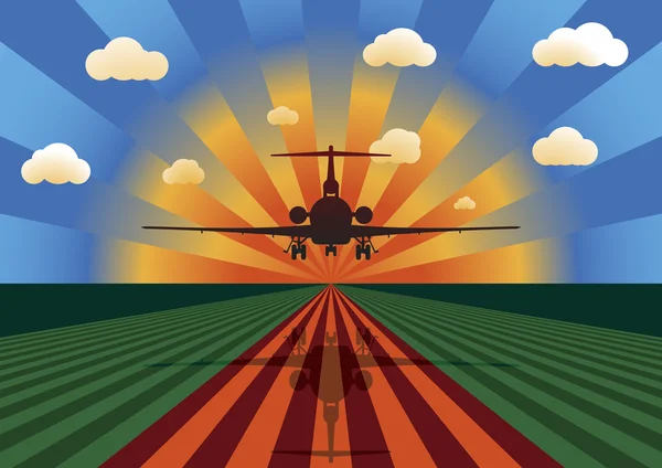 Atterrissage de l'avion au coucher du soleil — Image vectorielle