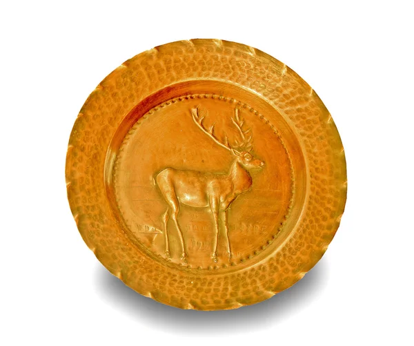 The Relief carving brass of reindeer isolated on white backgroun — Stock Photo, Image