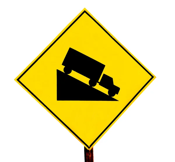 La Guía el poste la pendiente de advertencia hacia abajo del coche aislado en el respaldo blanco — Foto de Stock