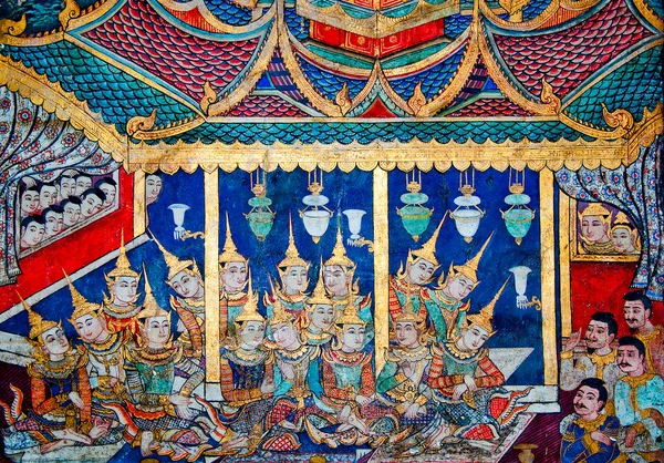 La pintura antigua del mural del templo budista en Wat Phra cantar , —  Fotos de Stock
