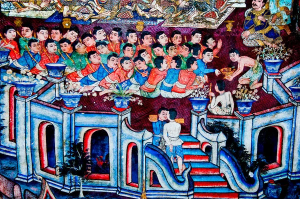 Den antika målningen av buddhistiska tempel väggmålning på wat phra sing, — Stockfoto