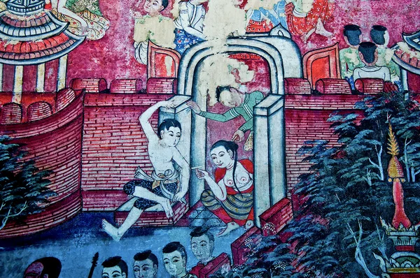 Den antika målningen av buddhistiska tempel väggmålning på wat phra sing, — Stockfoto