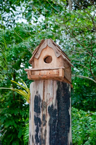 A fából készült ház, a madár a fa napló — Stock Fotó