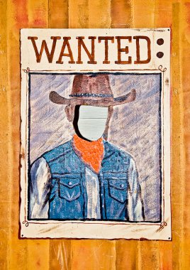 Wanted poster with blank face mask on wood wall clipart