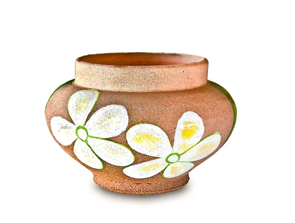 Le pot en terre cuite de motif de fleurs isolé sur fond blanc — Photo