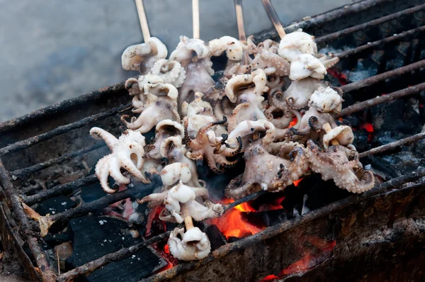 Il bel barbecue di frutti di mare di calamari alla griglia sul forno a carbone — Foto Stock