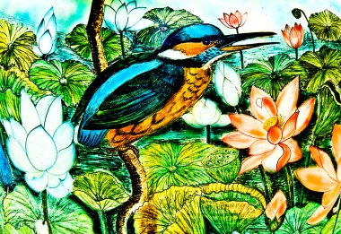 The Painting of kingfisher on ceramic vase background.This is tr clipart