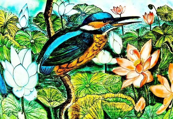 A pintura do kingfisher no fundo do vaso cerâmico. Este é tr — Fotografia de Stock