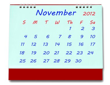 Beyaz arka plan üzerinde izole Kasım 2012 takvimi