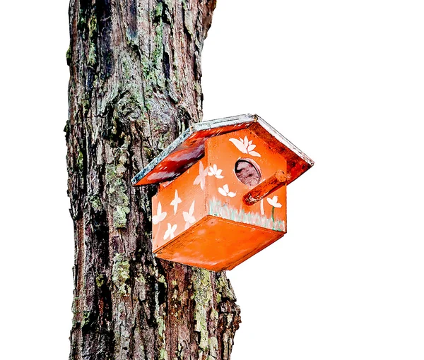 A madeira da casa de pássaros na árvore — Fotografia de Stock