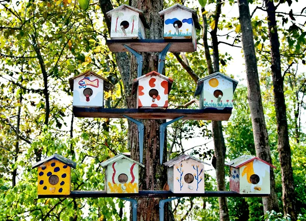 Το ξύλινο birdhouse οικογένειας στο δέντρο — Φωτογραφία Αρχείου