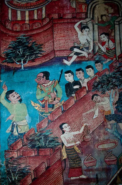 L'Antico dipinto del tempio buddista murale a Wat Phra cantare , — Foto Stock