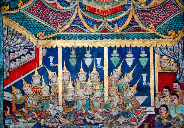 The Ancient painting of buddhist temple mural at Wat Phra sing, — Stock Photo, Image