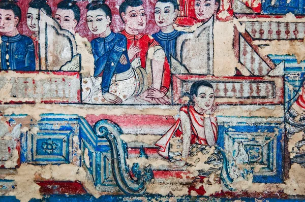 L'Antico dipinto del tempio buddista murale a Wat Phra cantare , — Foto Stock