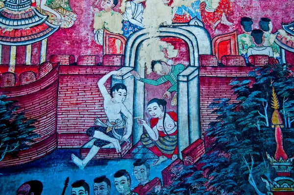 La pintura antigua del mural del templo budista en Wat Phra cantar , — Foto de Stock