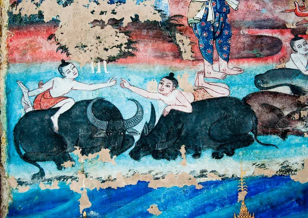 Starożytne Malarstwo ścienne świątyni buddyjskiej w wat phra śpiewać, — Zdjęcie stockowe